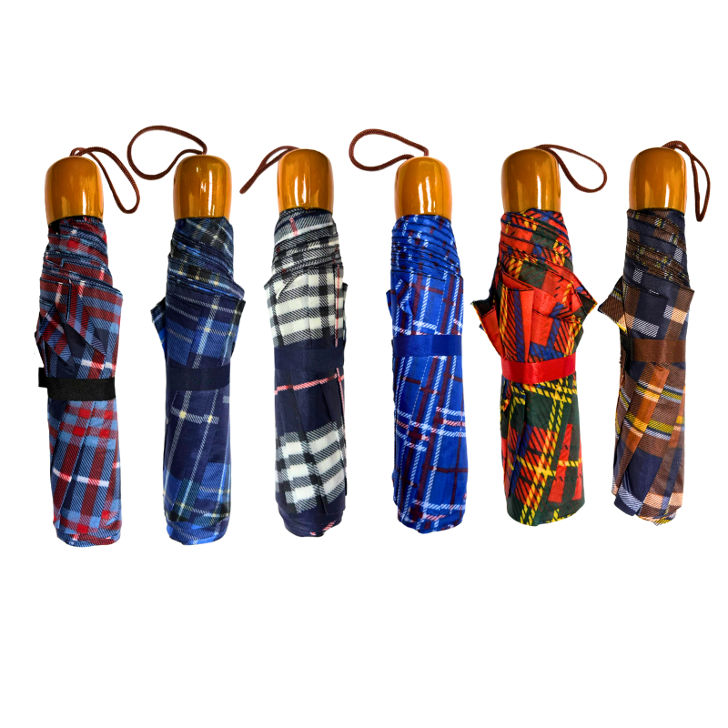 Wholesale 3-Fold Umbrella with Wooden-Like Handle, Assorted Plaids - Image 2
