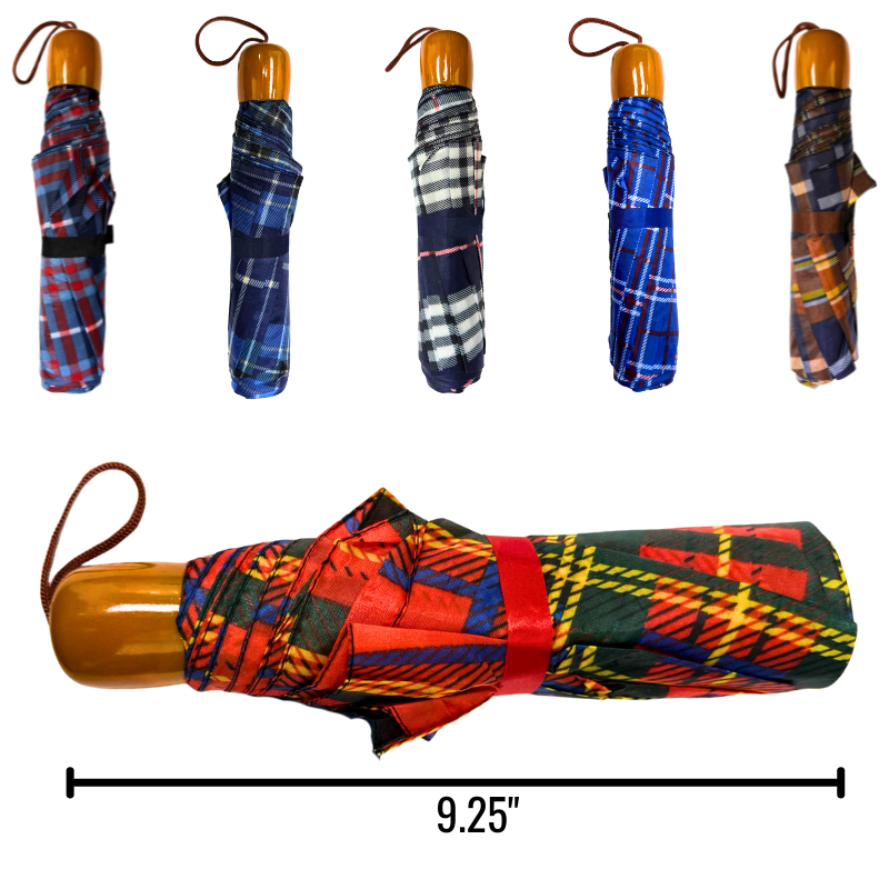 Wholesale 3-Fold Umbrella with Wooden-Like Handle, Assorted Plaids