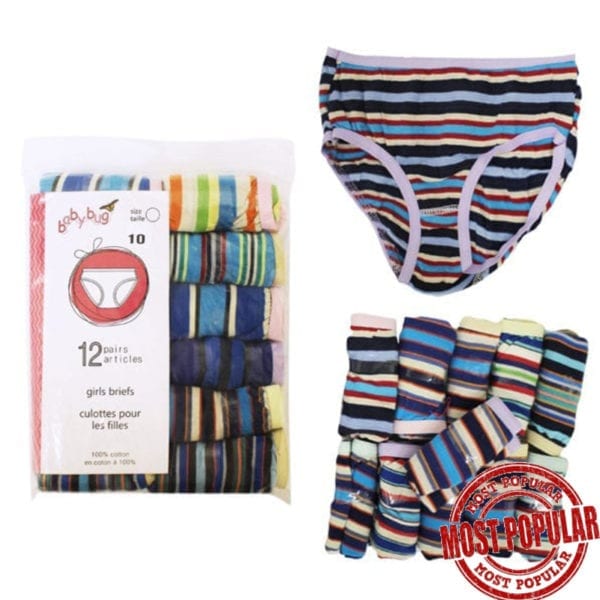 Wholesale 12 Pack Girls' Striped Briefs -Size: 8-12 ($0.50 each)
