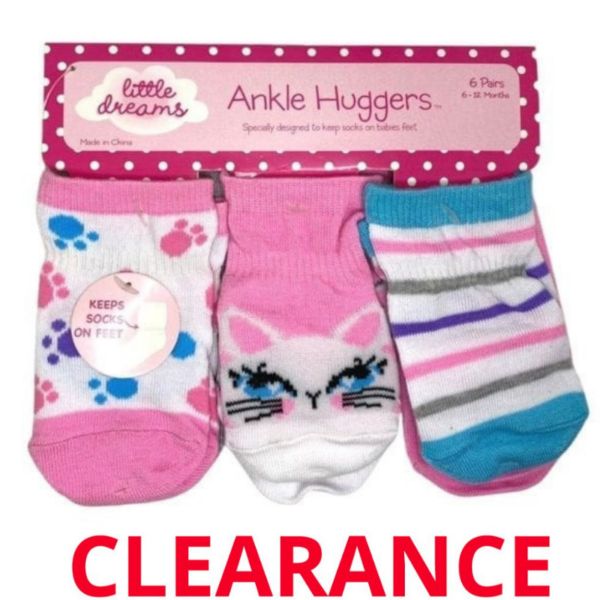 Wholesale Girl's Socks Stripes/Cats, 6 Pack (Size: 6-12 Months)