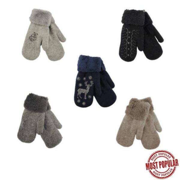 Wholesale Ladies' Winter Mitten with Cuff and Jewels - Assorted Colours