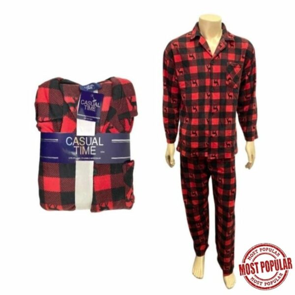 Wholesale Gender Neutral 2-Piece Micro Pajama Set Notch Collar Red Plaid(Size M-XL)