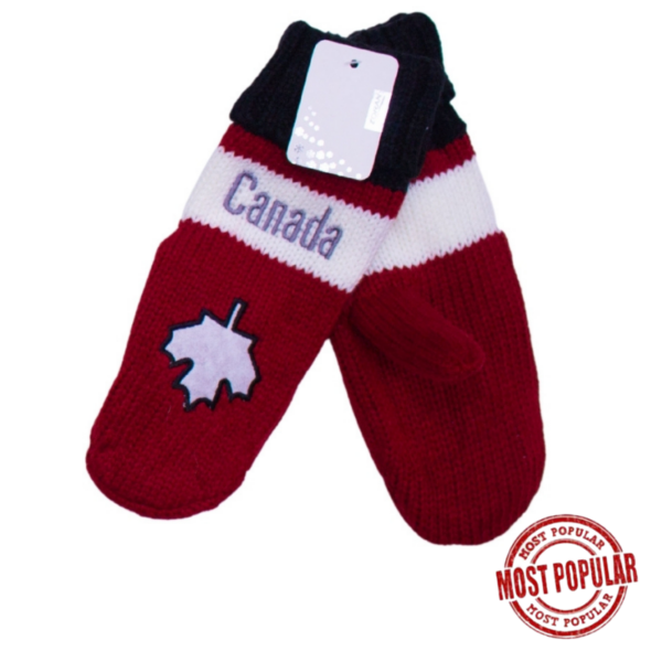 Wholesale Adult Canada Leaf Striped Mitten with maple leaf design