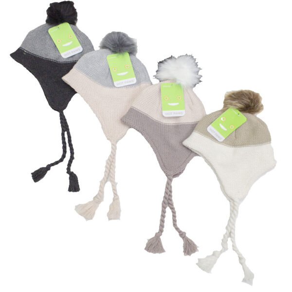 Wholesale Brand Name Girls' Winter Earflap Pom-Pom Hat with Tassels - Asst. Colours (Age: 4-6 Years)