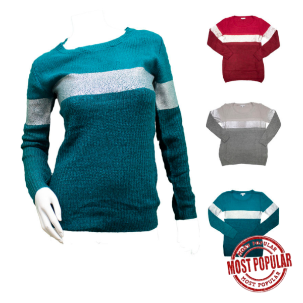 Wholesale Ladies' Long Sleeve Striped Sweater - Asst. Colours (Size S - 2XL)