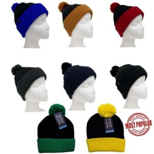 Wholesale Adult Knit Cuffed Toques with Contrast Pom-pom - All Asst. Colours