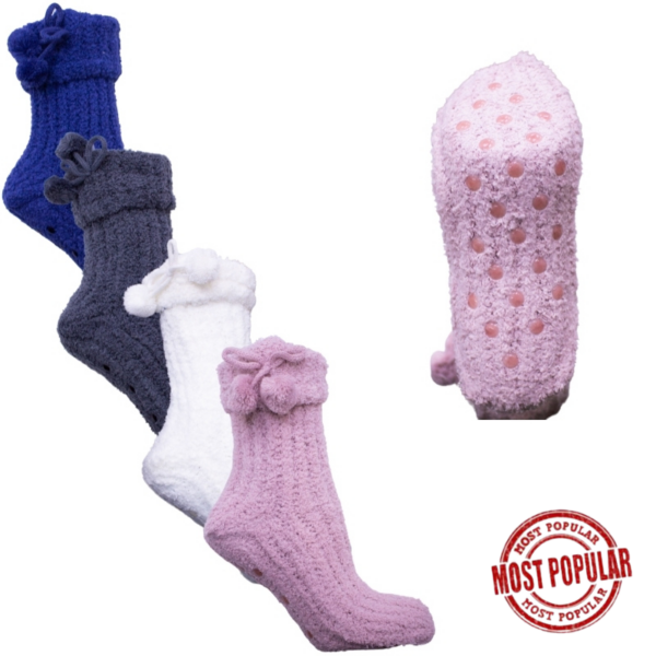Wholesale Ladies’ Slipper Socks with Pom-Poms, Non-Slip/Skid, Asst. Colours (Size 9-11)