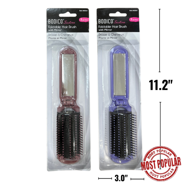 Wholesale Folding Hairbrush with Mirror - Pink & Purple