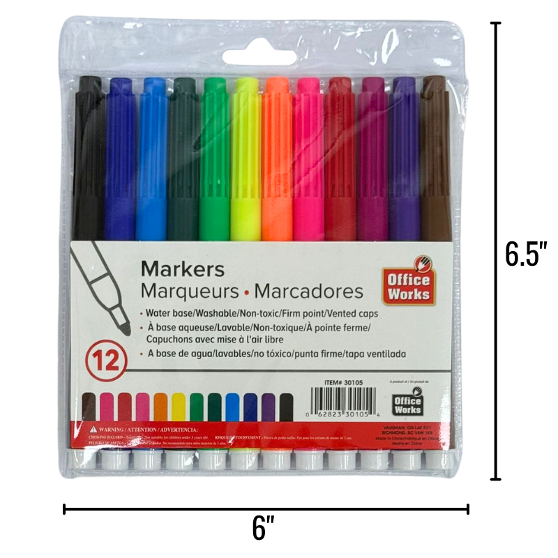 Wholesale 12-Pack Washable Markers Set ($0.13 each)