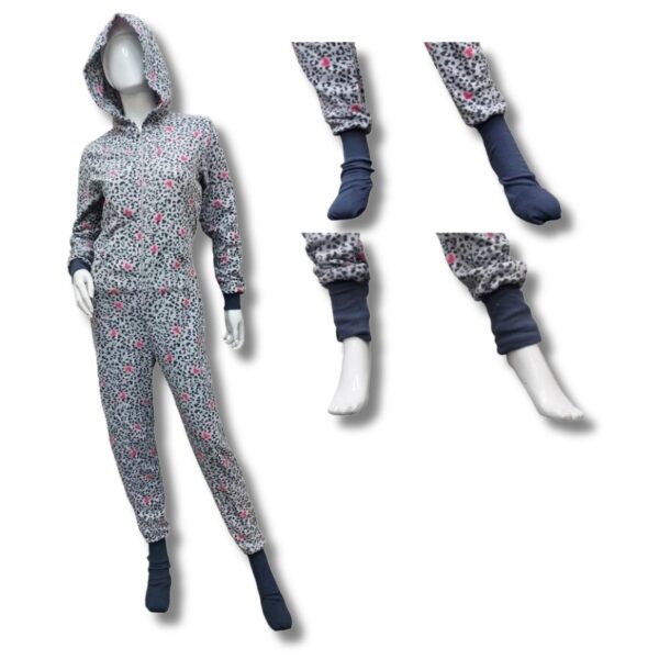 Wholesale Ladies Micro Polar Fleece Onesie – Grey/Pink Cheetah (Size: S – L)