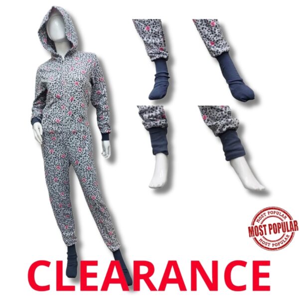 Wholesale Ladies Micro Polar Fleece Onesie – Grey/Pink Cheetah (Size: S – L)