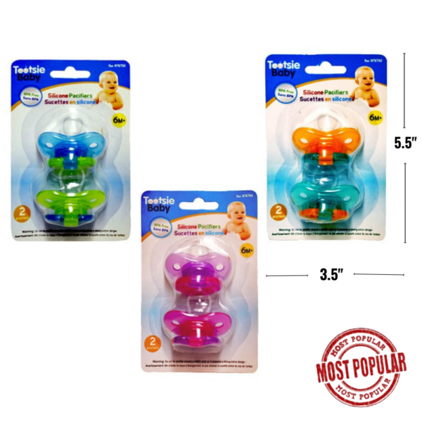 Wholesale Tootsie Baby Silicone Pacifiers, 0-6 months 2-Pack ($1.50 each)