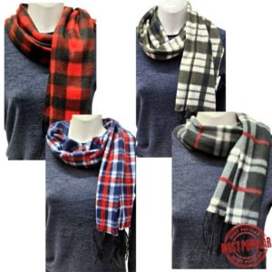 Wholesale Adult Polar Fleece Scarf- Asst. Plaids with Fringe
