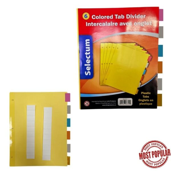 Wholesale Coloured Tab Divider, 6-Pack ($0.25 Each)