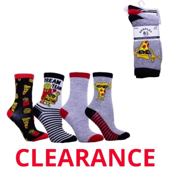 Wholesale Kids’ Crew Socks, Asst. Pizza Prints, 4-Pack – Size 8-10 ($2.00 Each)