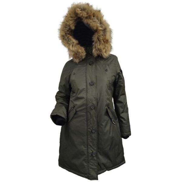 Wholesale Ladies Long Winter Jacket with Hood Army Green (2)