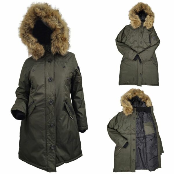 Wholesale Ladies Long Winter Jacket with Hood Army Green