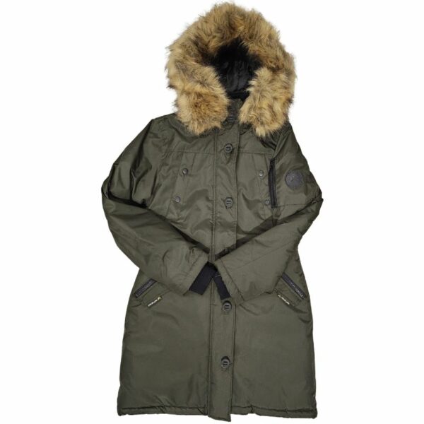 Wholesale Ladies Long Winter Jacket with Hood Army Green Laid Out