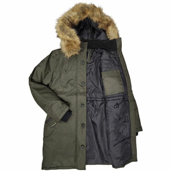 Wholesale Ladies Long Winter Jacket with Hood Army Green Open