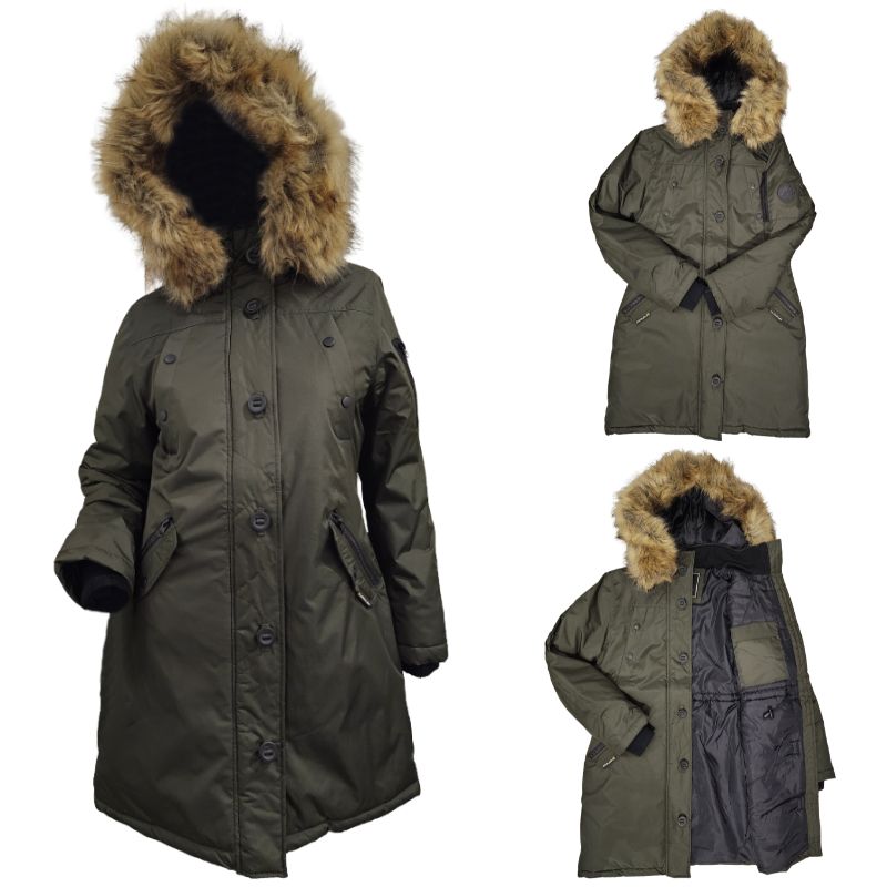 Wholesale Ladies Army Green Long Winter Jacket with Fur Hood M-XL in Canada