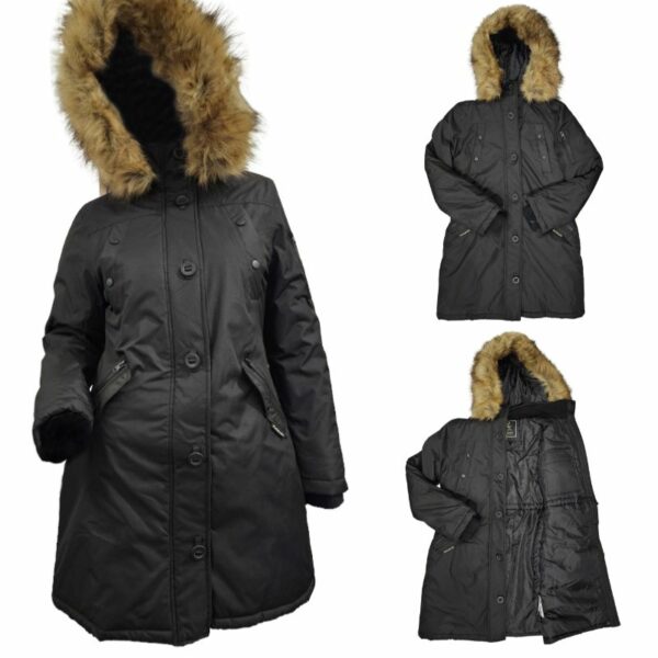 Wholesale Ladies Long Winter Jacket with Hood Black