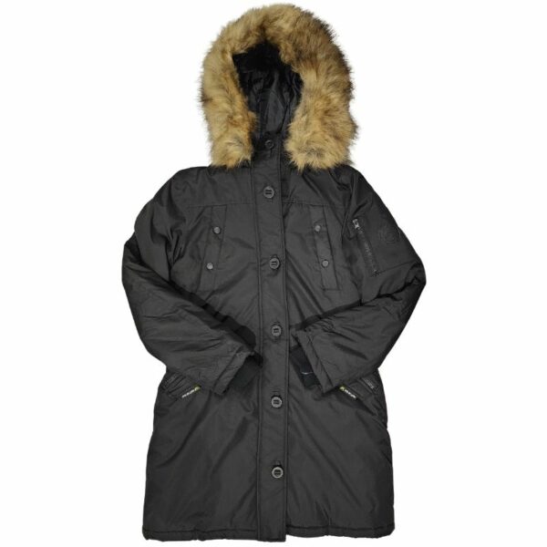 Wholesale Ladies Long Winter Jacket with Hood Black Laid Out