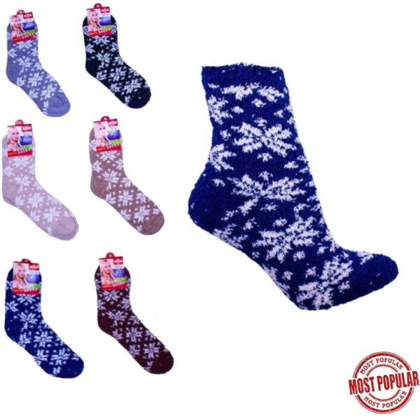 Wholesale Adult Fluffy Snowflakes Socks – Asst. Colours (Size 10-13)