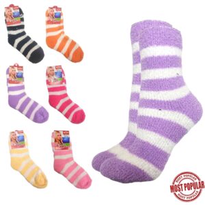 Wholesale Ladies Fluffy Stripe Socks – Asst. Colours (Size_ 9-11)