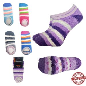 Wholesale Ladies Low-Cut Cozy Stripe Socks with Grip- Asst. Colours (Size 9-11)