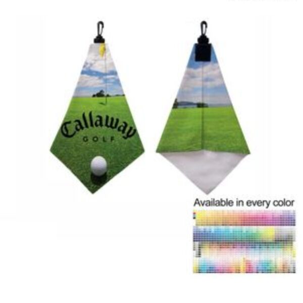 Microfiber Suede Shammy Golf Towel, Triangle Shape, 11x17, Folded with Black Swivel Hook, Sublimated