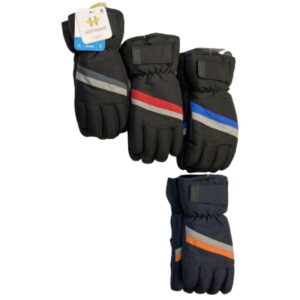 Wholesale Brand Name Youth Ski Gloves with Strap & Stripes, Asst. Colours (Size: S/M & L/XL)