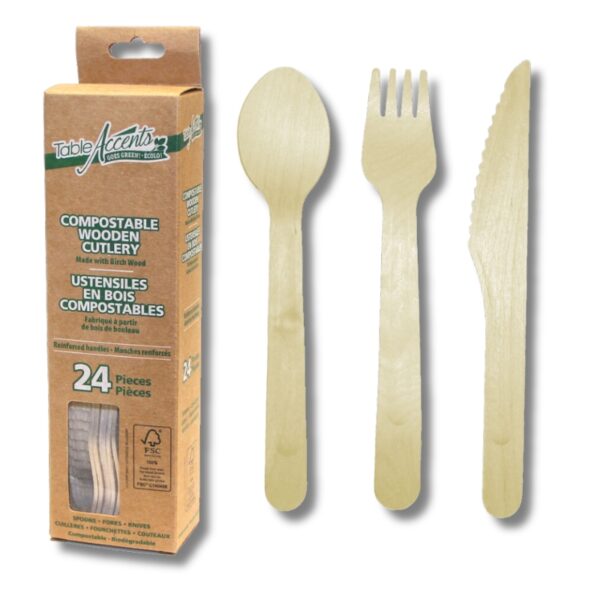 Table Accents - Compostable Wooden Cutlery - Reinforced handles - 24Pk