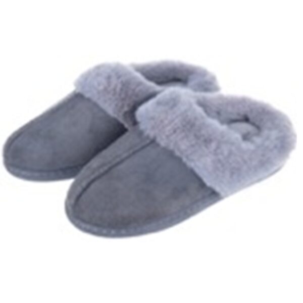 Slippers Womens - Memory Foam - Medium Fur Trim - Grey w Grey Fur