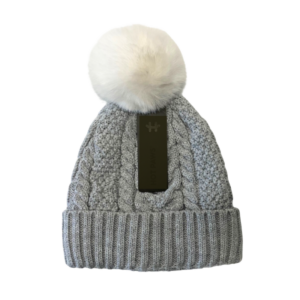 Wholesale Brand Name Women's Cable Knit Mixed Grey Faux Fur Pom Pom -Toque