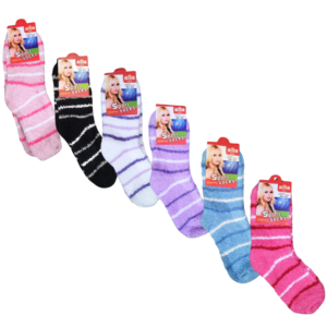 Wholesale Ladies Fluffy Stripe Socks - Asst. Colours (Size: 9-11)