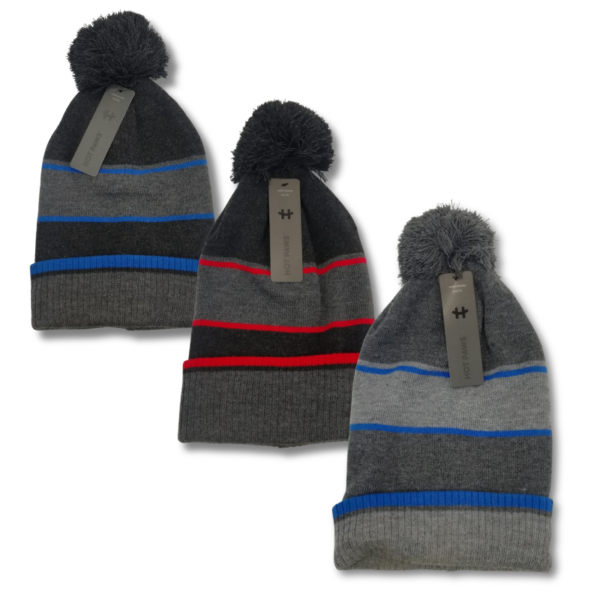 Wholesale Adult Brand Name Pom-Pom Toque/Beanie with Stripes - 3 Asst. Colours