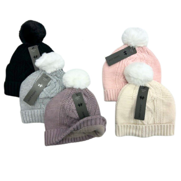 Wholesale Brand Name Youth Ladies Lined Cuffed Cable Knit Pom-Pom Toque - Assorted Colours