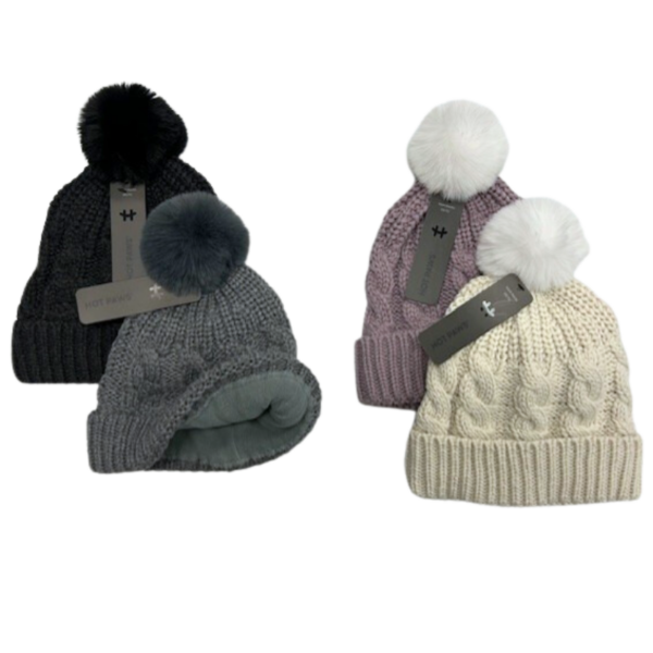 Wholesale Brand Name Youth Ladies Lined Cuffed Cable Knit Pom-Pom Toque