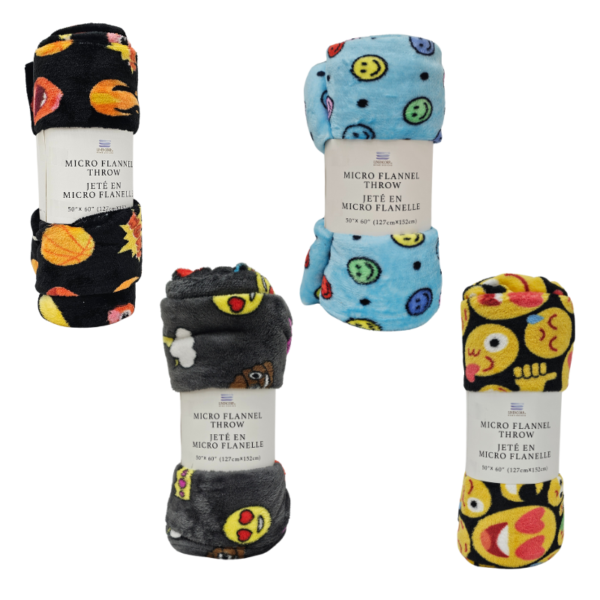 Wholesale Micro Flannel Throw Blanket - Assorted Emoji Prints - 50″ X 60″