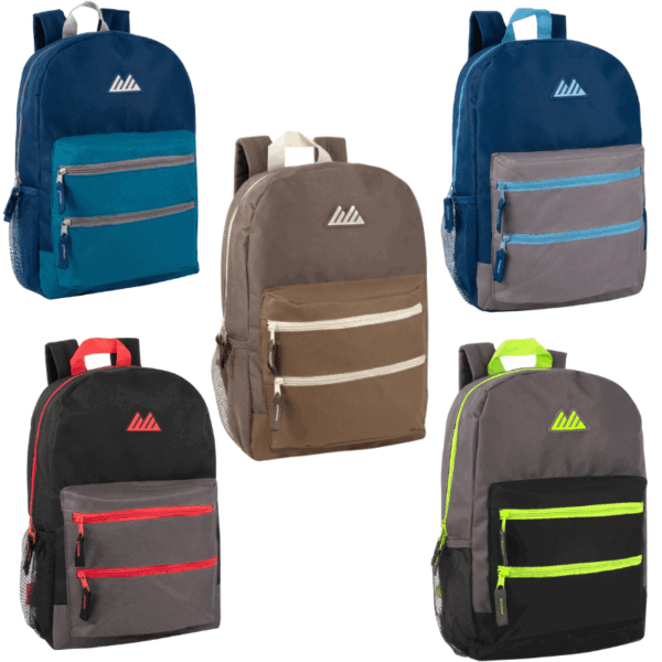BACKPACK - 17" DOUBLE FRONT ZIPPER ASST COL