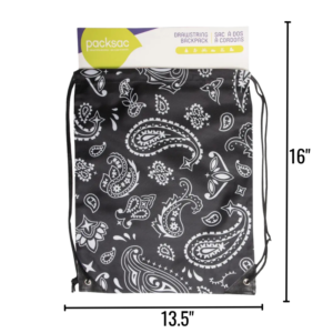 black paisley cinch bag on white background
