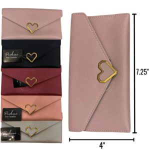 Wholesale Ladies' Wallet With Heart Clasp  - Asst Colours (4" x 7.25")