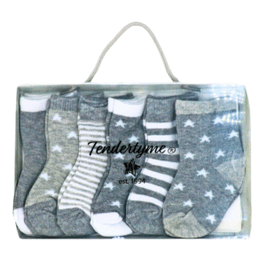 Infant 6-Pack Socks – Grey Stars & Stripes, Size 6–12 Months ($1.50 Each)
