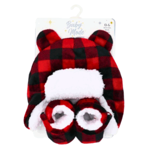 Infant Winter Hat & Booties Set – Red Plaid, 0–6 Months