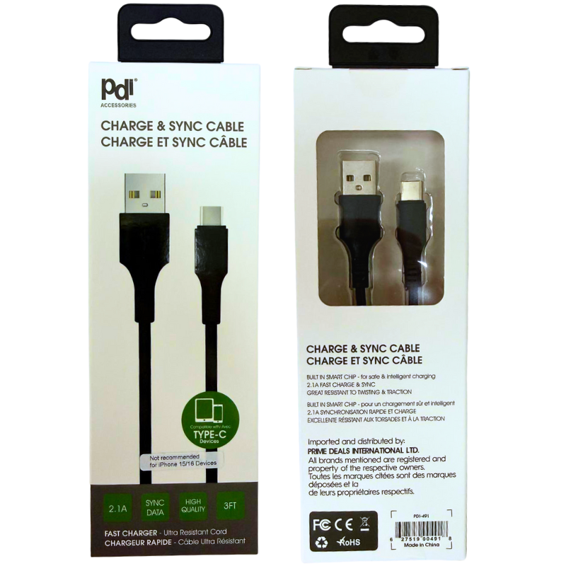 Wholesale USB Charging Cable - Type C - 3 Foot