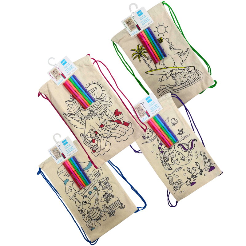 Colour Me Cinch Bag with 6 Markers – 4 Assorted Designs