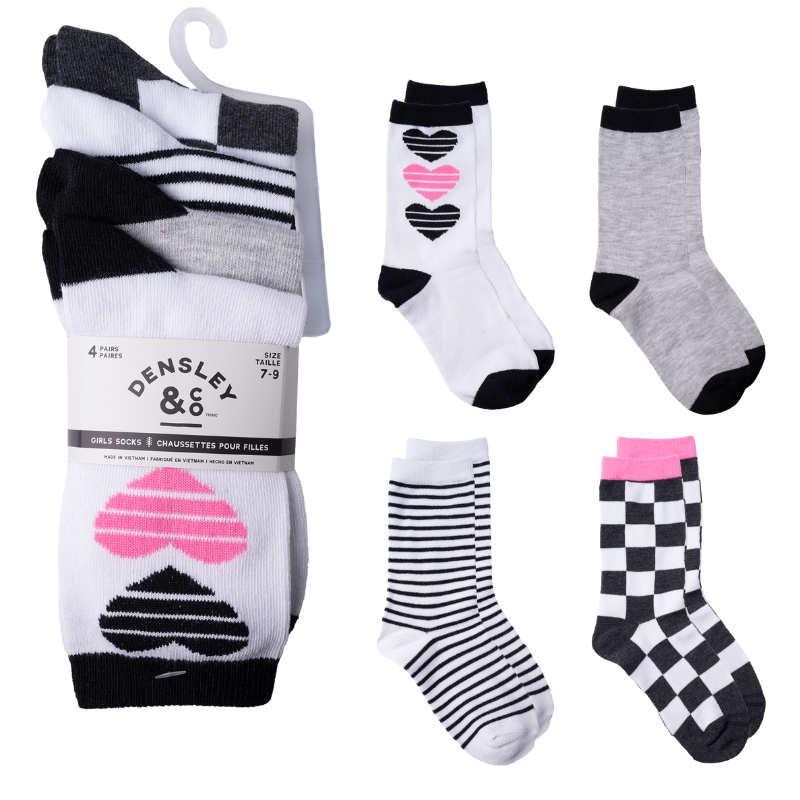 Wholesale Girls Crew Socks, 4-Pack - Size: 7-9 ($1.50 Each)