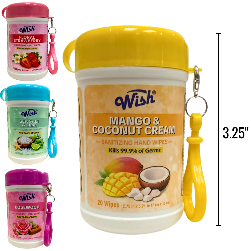 Wholesale Sanitizing Wipes with Carabiner, Assorted Scents (20 Pack)