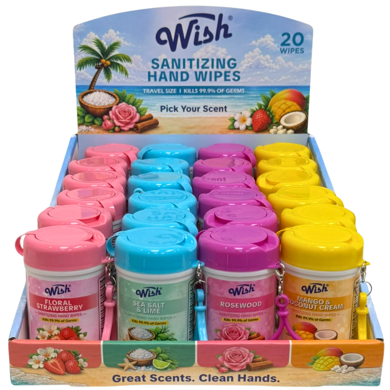 Wholesale Sanitizing Wipes with Carabiner, Assorted Scents (20 Pack) - Image 7