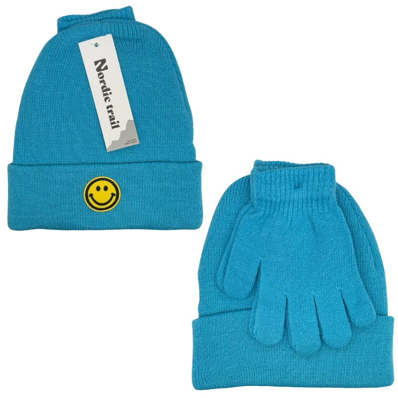 Wholesale Girls Smiley Cuffed Toque & Magic Glove Set, 3 Colours (Ages 3-10) - Image 2